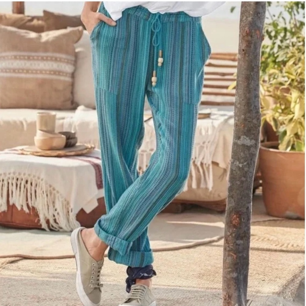 Sundance Bakari Ocean Striped Pants Sz Large Blue Purple Roll Tab Cuff Boho